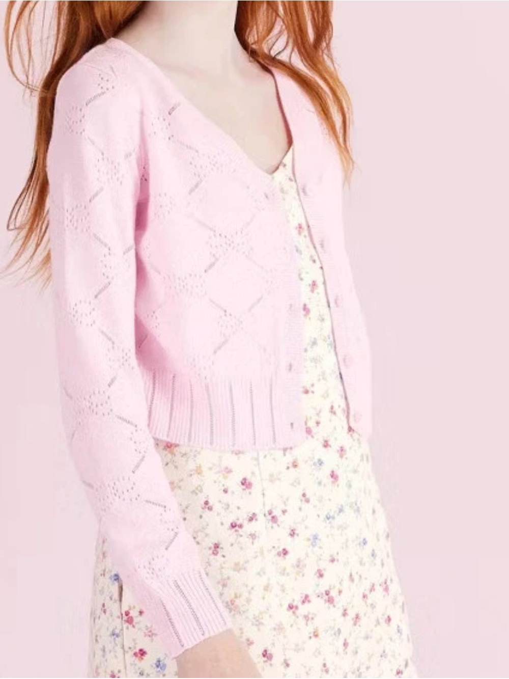Loveshack fancy Soft Pink V-Neck Knit pointelle Cardigan Sweater